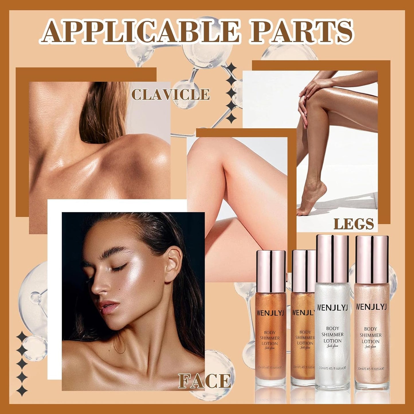 Glow On-the-Go: Waterproof Body Shimmer Oil Set - 4 High Gloss Luminizers for Face & Body