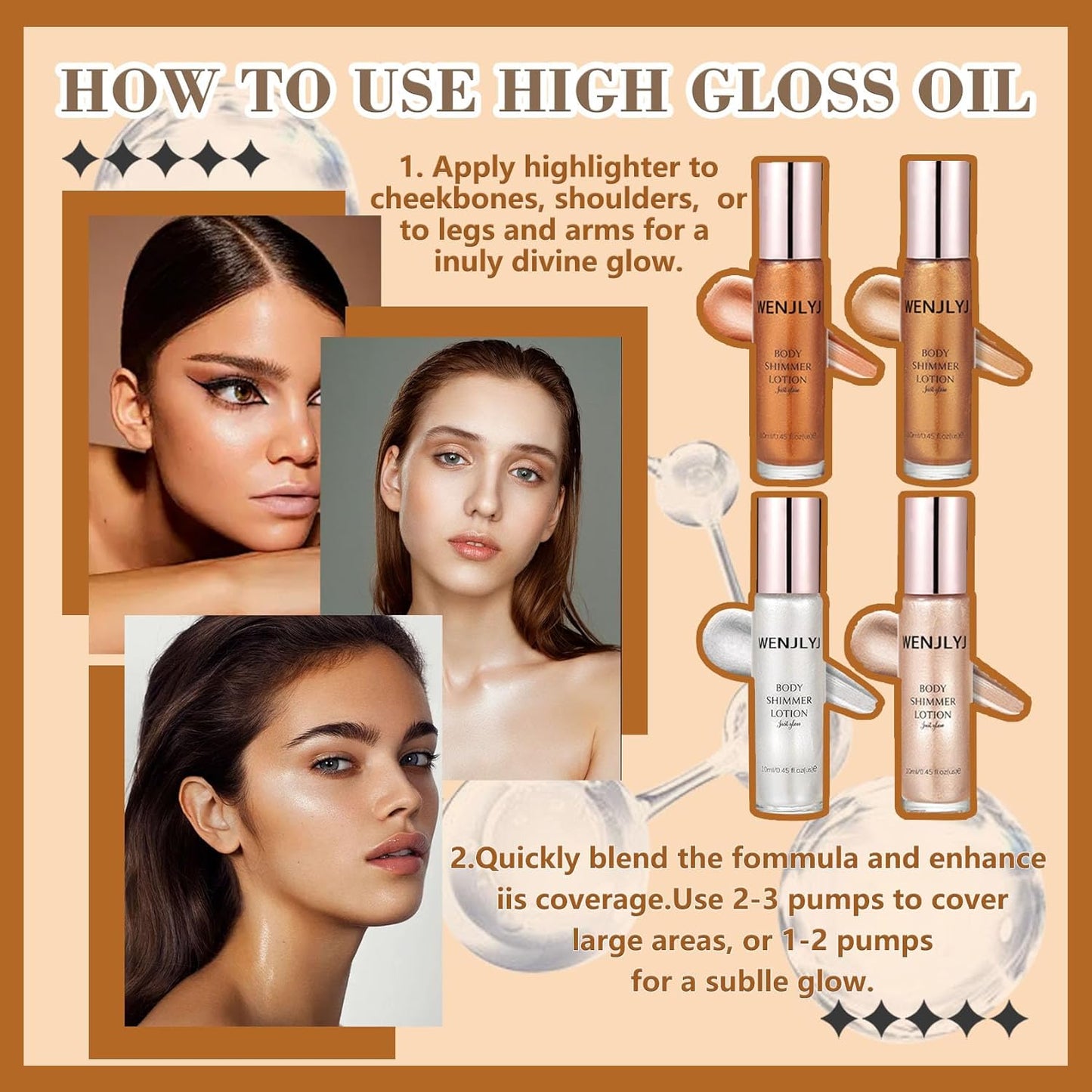 Glow On-the-Go: Waterproof Body Shimmer Oil Set - 4 High Gloss Luminizers for Face & Body