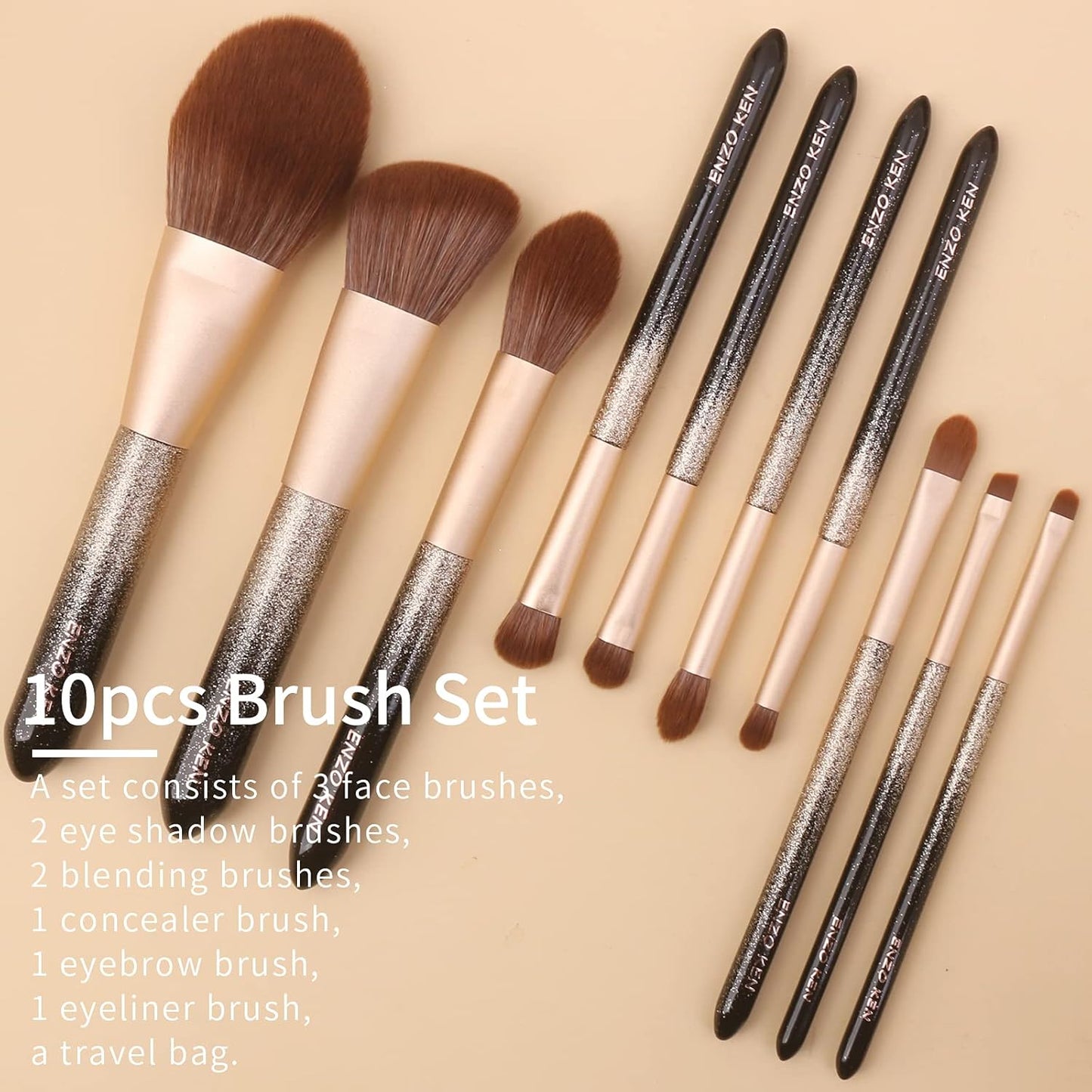 Elevate Your Beauty Routine with the Luxe Natural Sable Makeup Brush Set - 10 Glittering Brushes for Flawless Application, Complete with Travel Case