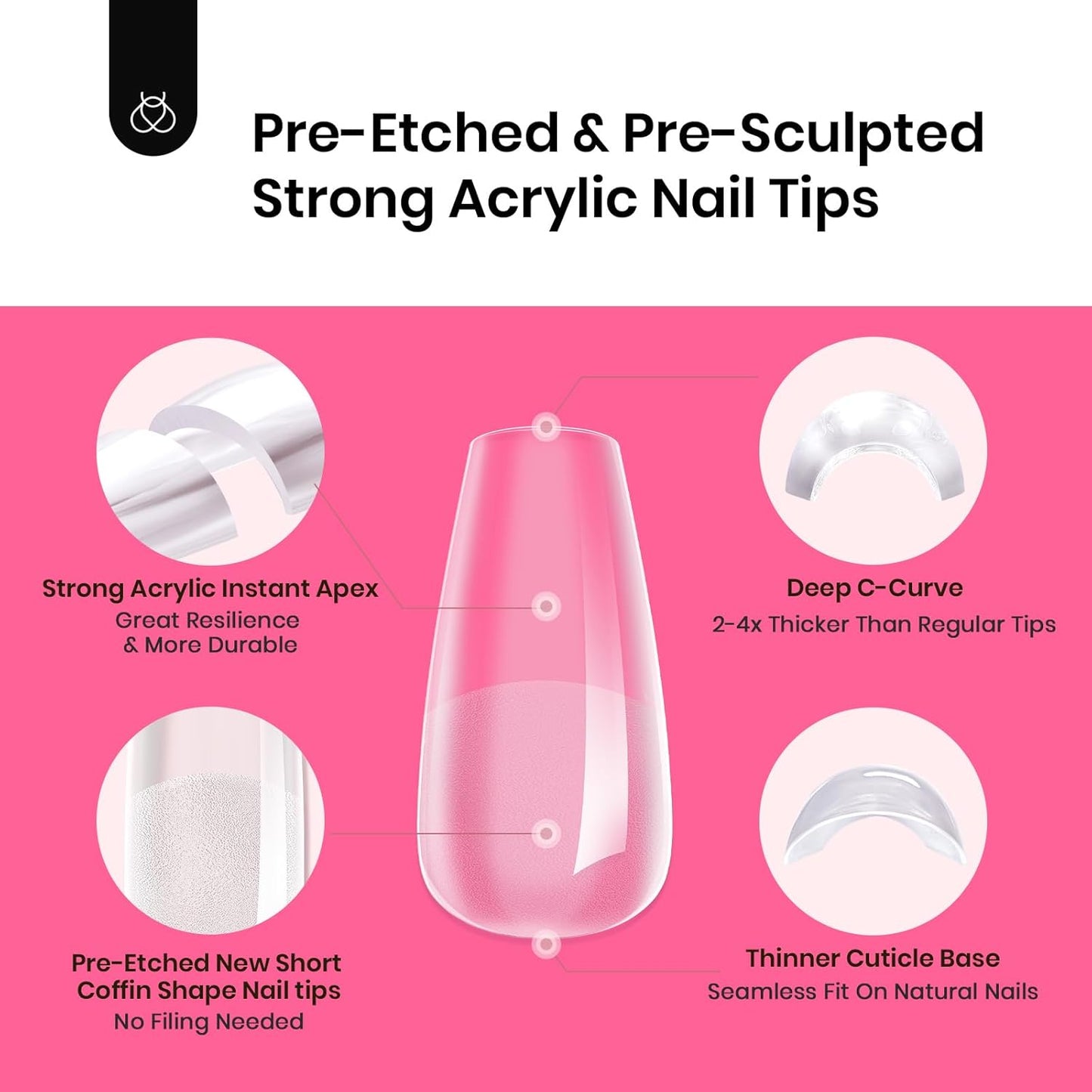 Beetles Tipex Gel Nail Kit Short Coffin Instant Apex Nail Tips, 224 Pcs 16 Sizes Pre-Building Pre-Etched False Nail Tips with Tipex Uv Nail Glue,Mini Nail Lamp-Thick Acrylic Nail Set