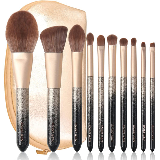Elevate Your Beauty Routine with the Luxe Natural Sable Makeup Brush Set - 10 Glittering Brushes for Flawless Application, Complete with Travel Case