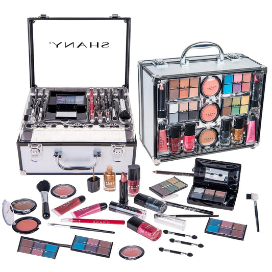 Ultimate Carry All Trunk Makeup Train Case - High-Quality Beauty Organizer with Eye Palettes, Blushes, Face Powders, and Essential Brushes for Makeup Enthusiasts