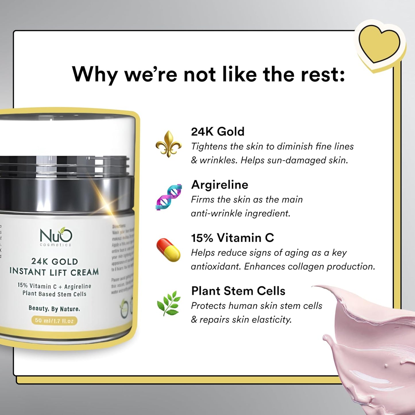 Nuorganic 24K Instant Face Lift Cream - Advanced Anti-Aging Moisturizer with Plant Stem Cells for Youthful Glow - Cruelty-Free Wrinkle Cream for All Skin - Vegan Beauty Skincare, 50Ml 3-Month Supply