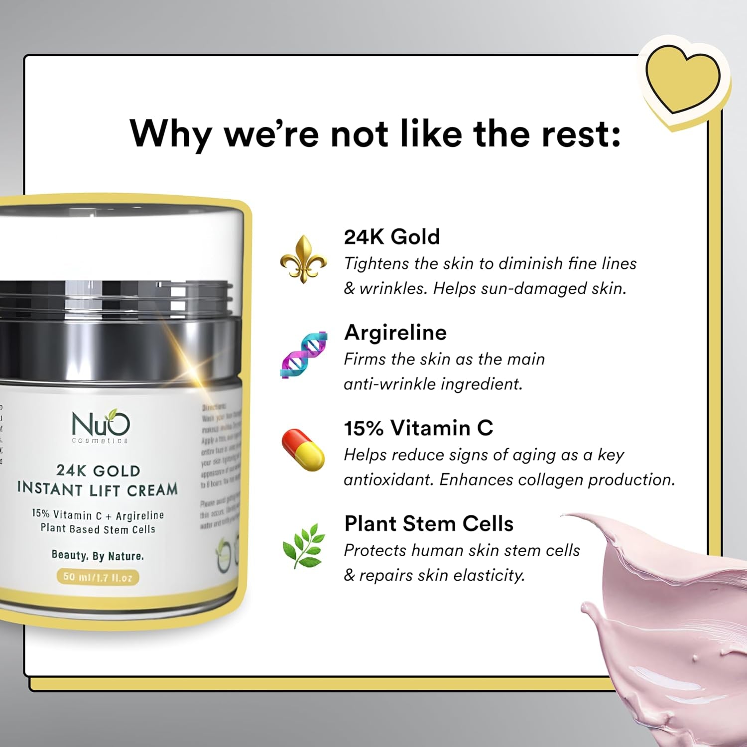 Nuorganic 24K Instant Face Lift Cream - Advanced Anti-Aging Moisturizer with Plant Stem Cells for Youthful Glow - Cruelty-Free Wrinkle Cream for All Skin - Vegan Beauty Skincare, 50Ml 3-Month Supply