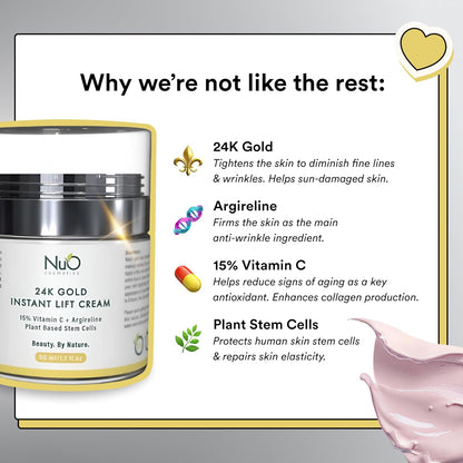 Nuorganic 24K Instant Face Lift Cream - Advanced Anti-Aging Moisturizer with Plant Stem Cells for Youthful Glow - Cruelty-Free Wrinkle Cream for All Skin - Vegan Beauty Skincare, 50Ml 3-Month Supply