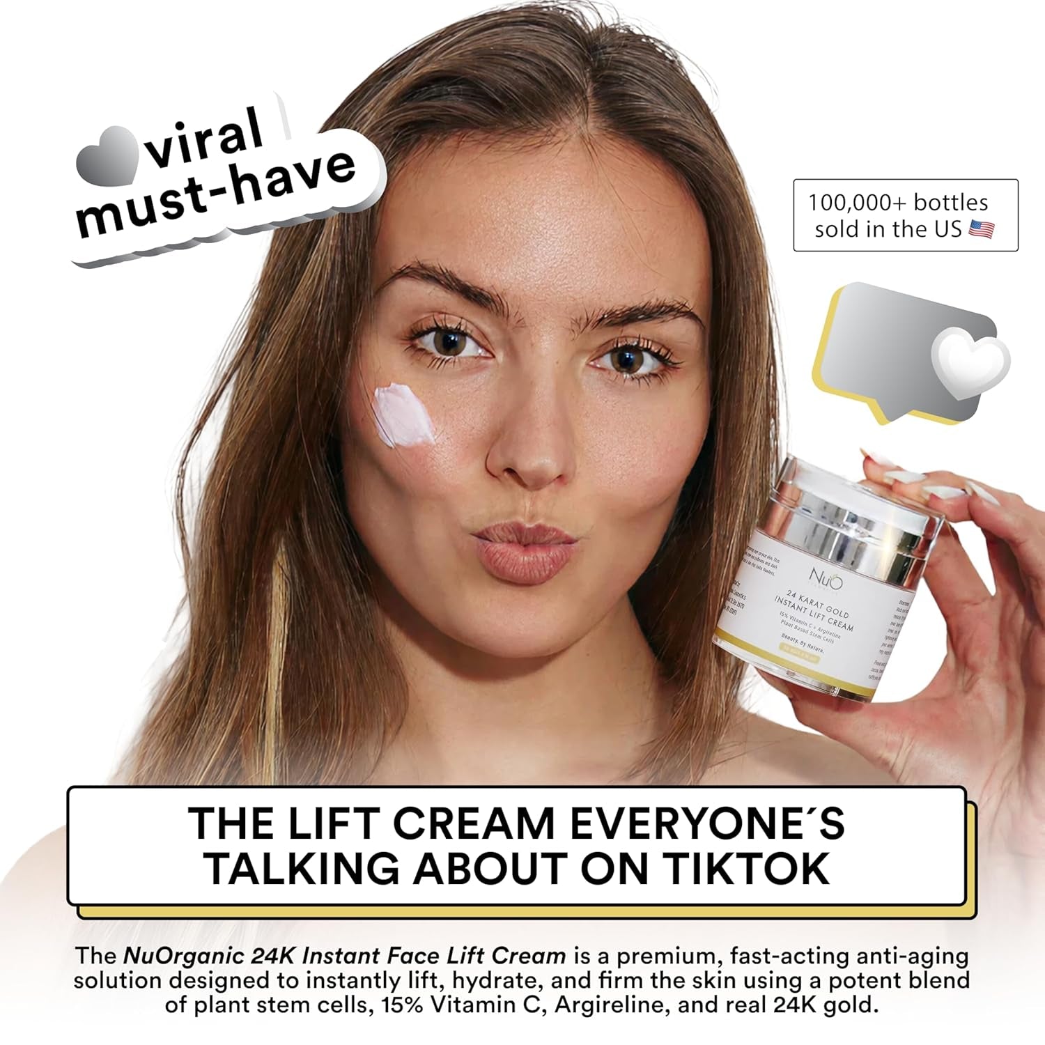 Nuorganic 24K Instant Face Lift Cream - Advanced Anti-Aging Moisturizer with Plant Stem Cells for Youthful Glow - Cruelty-Free Wrinkle Cream for All Skin - Vegan Beauty Skincare, 50Ml 3-Month Supply